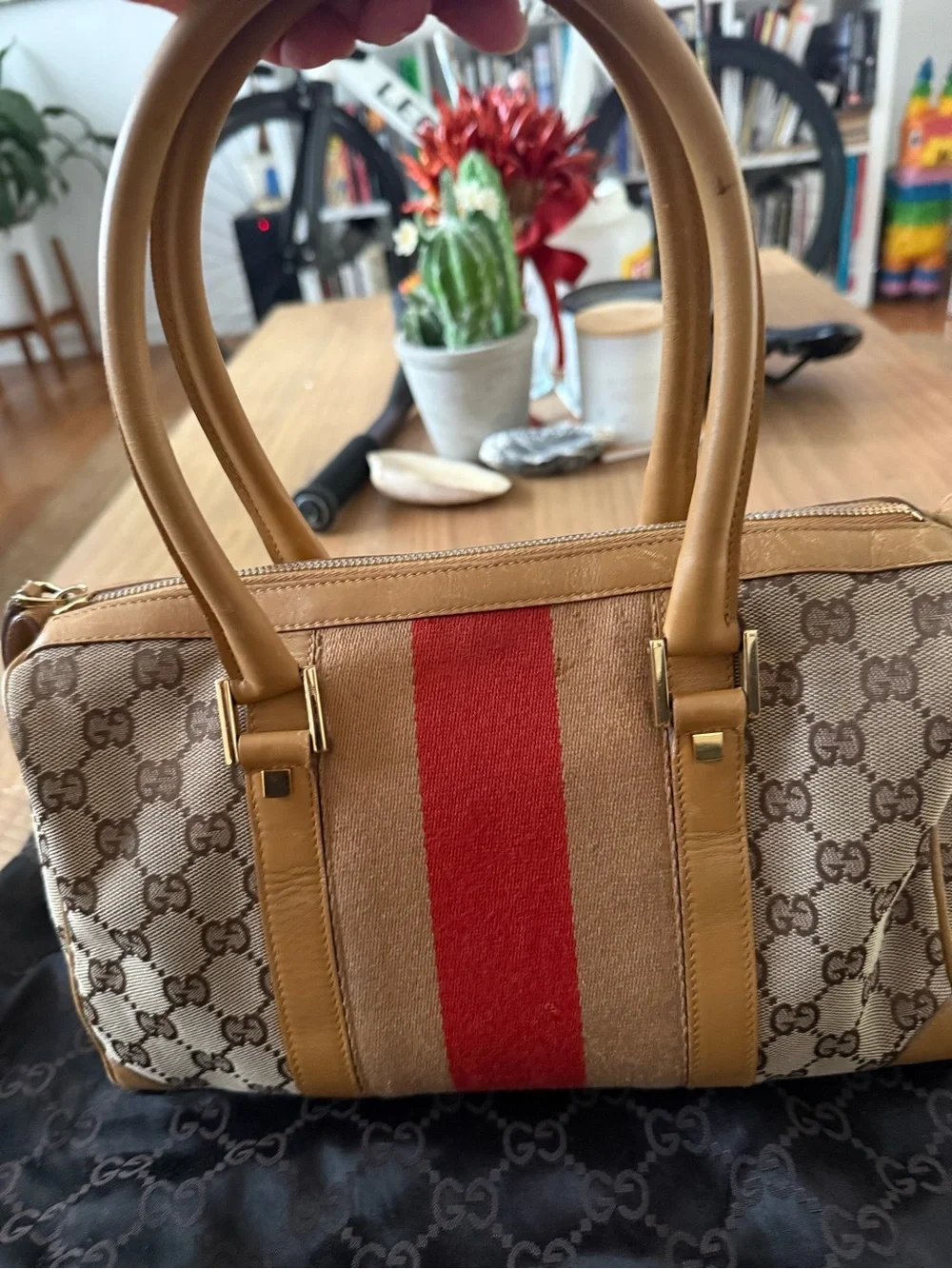 Gucci Beige Logo Canvas Shoulder Bag with Red Center Stripe